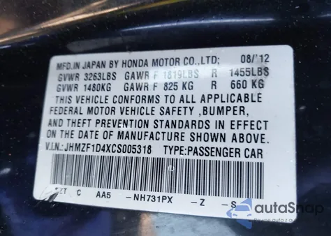 2012 Honda Cr-Z z USA, uszkodzony, nr VIN JHMZF1D4XCS005318